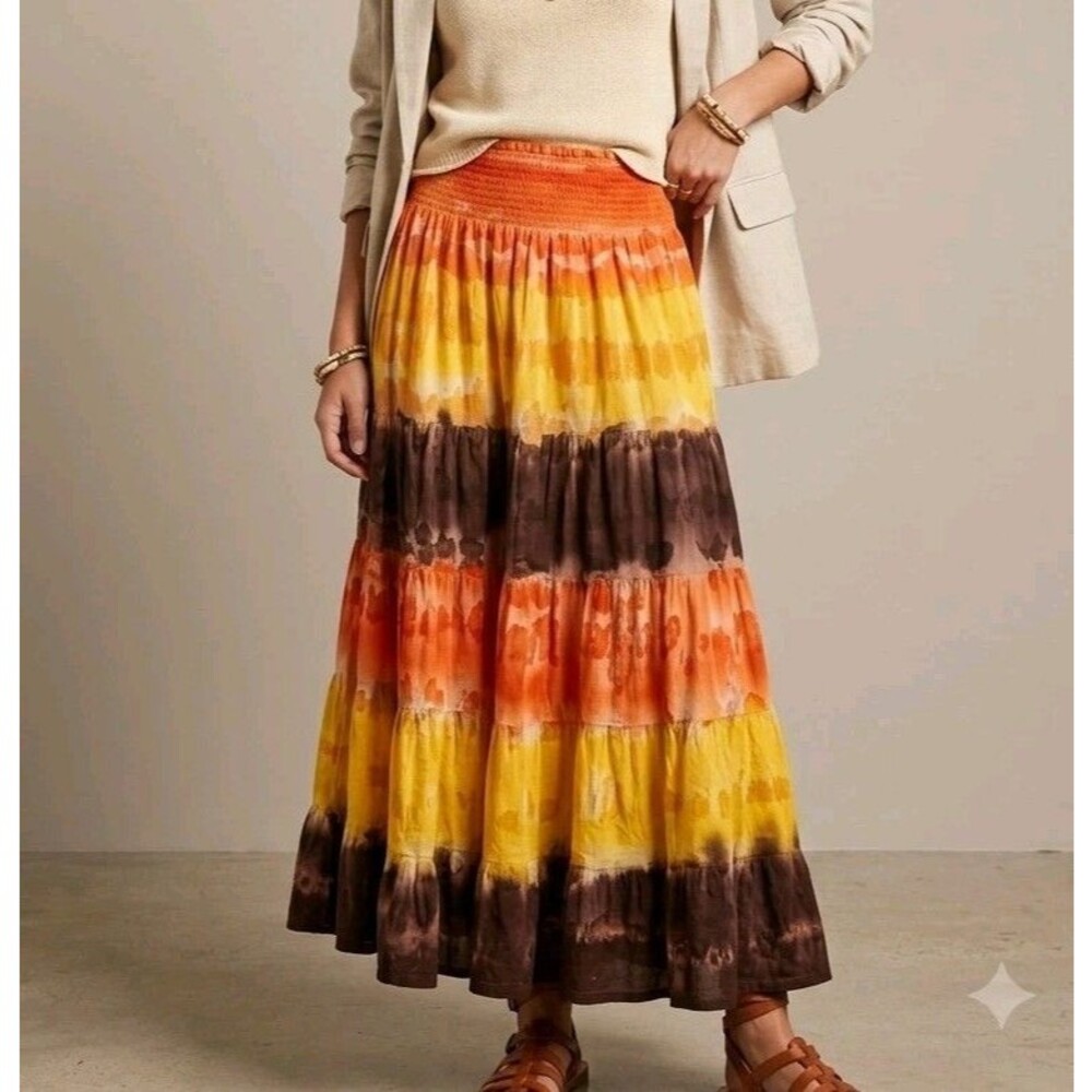 ALBERTO MAKALI Bohemian Tie Dye Tiered Maxi Skirt 100% Cotton Pull-On Flowy - S